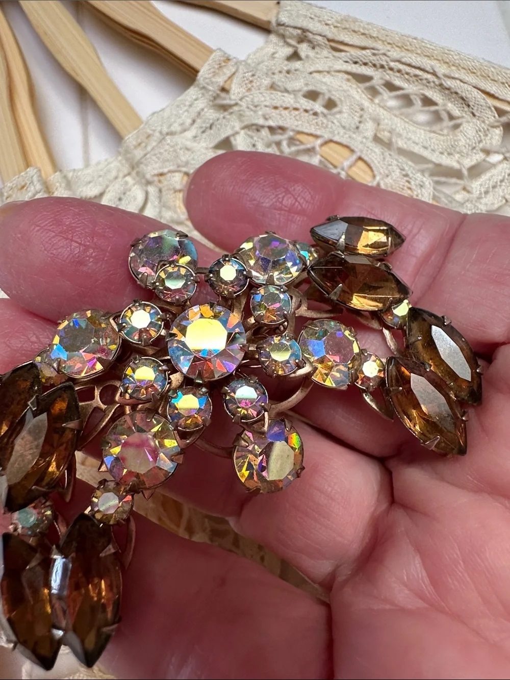 Aurora Borealis & Brown Rhinestone Floral Brooch - 2 7/8”